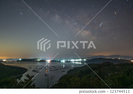 Spring Milky Way floating over Mushiage Bay in Setouchi City, Okayama Prefecture, Japan 123744511
