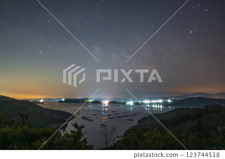 Spring Milky Way floating over Mushiage Bay in Setouchi City, Okayama Prefecture, Japan 123744518