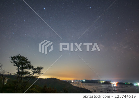 Spring Milky Way floating over Mushiage Bay in Setouchi City, Okayama Prefecture, Japan 123744519