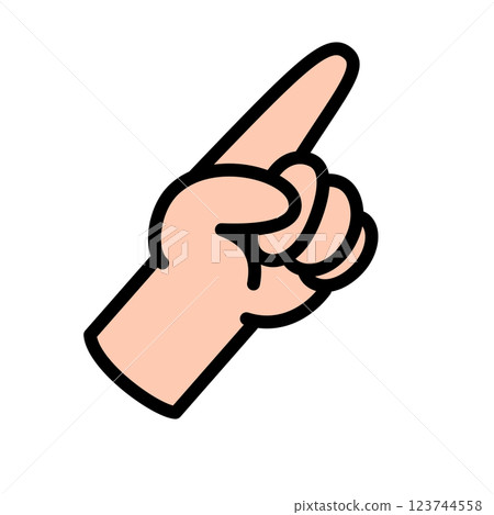 Illustration of a hand with an extended index finger pointing, focus here, skin color orange 123744558