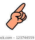 Illustration of a hand with index finger extended and pointing, attention here, dark orange 123744559