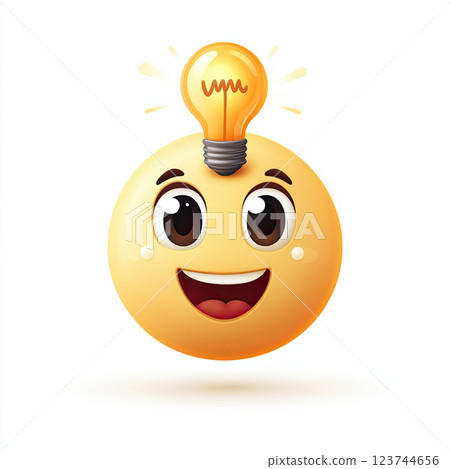 Happy emoji with light bulb, symbolizing bright ideas and creativity 123744656