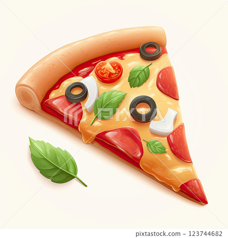 Delicious pizza slice with toppings like olives, tomatoes, and basil 123744682