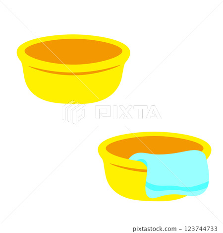 Illustration of a tub and a tub with a towel hanging from it 123744733