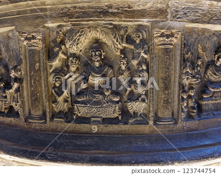 A painting of Buddha preaching in the Thirty-Three Heavens, arranged around a small stupa on display at a museum in Lahore, the ancient city of Pakistan. A painting of Buddha preaching in the Thirty-Three Heavens, arranged around a small stupa on display at a museum in Lahore, the ancient city of Pakistan. 123744754