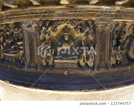 The Four Heavenly Kings donating alms bowls to the Buddha around a small stupa on display at a museum in Lahore, Pakistan's ancient capital. The Four Heavenly Kings donating alms bowls to the Buddha around a small stupa on display at a museum in Lahore, Pakistan's ancient capital. 123744757