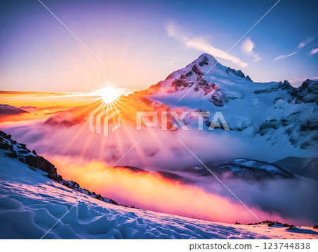 View of beautiful sunrise on the snow capped mountain. View of beautiful sunrise on the snow capped mountain. 123744838