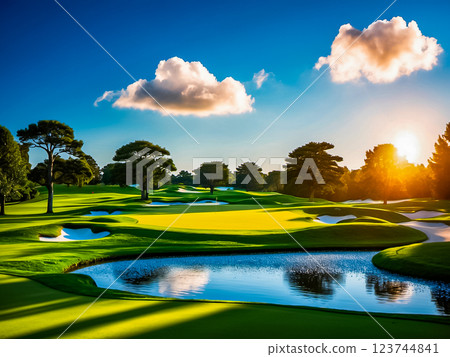 A putting green with hole and flagstick of a golf course. 123744841