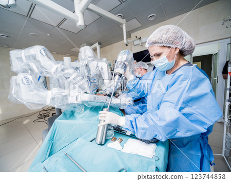 Modern surgical system. Medical robot. Minimally invasive robotic surgery. 123744858