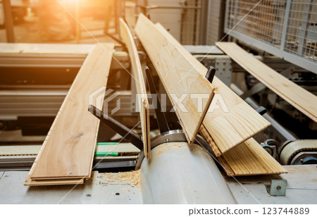 Production line of the wooden floor factory. CNC automatic woodworking machine. 123744889