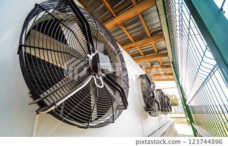 Metal industrial air conditioning vent. HVAC. Ventilation fan. 123744896