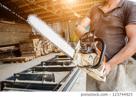 Woodcutter cutting tree with chainsaw on sawmill. Modern sawmill. 123744925