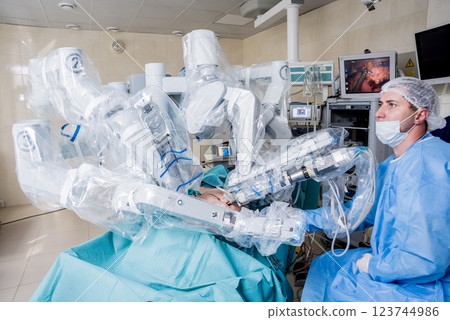 Modern surgical system. Medical robot. Minimally invasive robotic surgery. Modern surgical system. Medical robot. Minimally invasive robotic surgery. 123744986