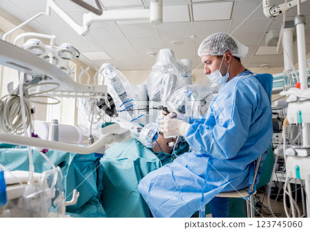 Modern surgical system. Medical robot. Minimally invasive robotic surgery. Modern surgical system. Medical robot. Minimally invasive robotic surgery. 123745060