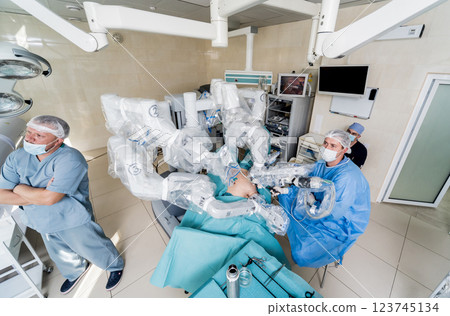 Modern surgical system. Medical robot. Minimally invasive robotic surgery. 123745134