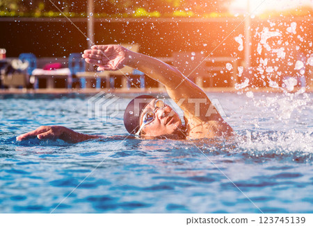 Young athletic man swimming in the swimming pool Young athletic man swimming in the swimming pool 123745139