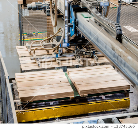 Production line of the wooden floor factory. CNC automatic woodworking machine. 123745160