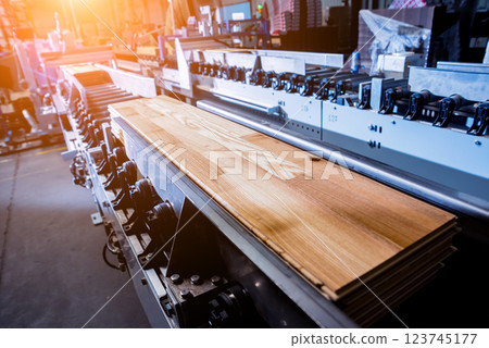 Production line of the wooden floor factory. CNC automatic woodworking machine. 123745177