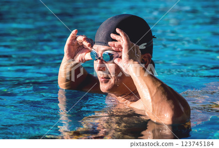 Young athletic man swimming in the swimming pool Young athletic man swimming in the swimming pool 123745184
