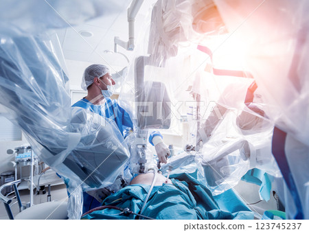 Modern surgical system. Medical robot. Minimally invasive robotic surgery. 123745237