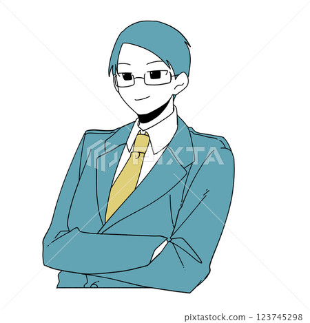 一位戴眼鏡、雙臂交叉、笑容滿面的男辦公室職員 123745298