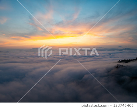 Drone aerial view of landscape fog over mountains in sunrise sky,High angle view over countryside at Southeast asia,Phang Nga Thailand,Wide angle view nature landscape 123745405