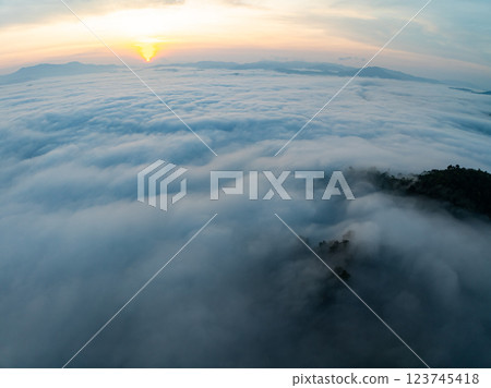 Drone aerial view of landscape fog over mountains in sunrise sky,High angle view over countryside at Southeast asia,Phang Nga Thailand,Wide angle view nature landscape 123745418