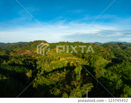 Aerial view landscape mountains view in sunset or sunrise sky background 123745452