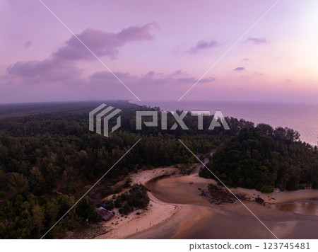 Aerial view sunset sky,Nature beautiful Light Sunset or sunrise over sea,Colorful dramatic majestic scenery sunset Sky with Amazing clouds and waves in sunset sky purple light cloud background 123745481