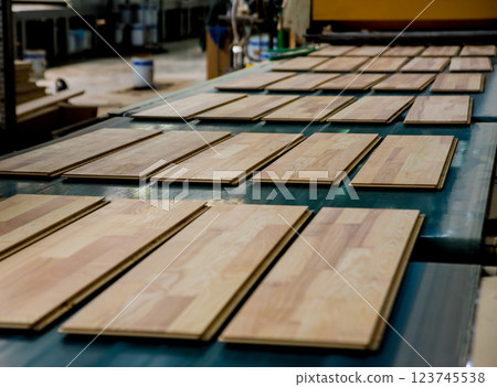 Production line of the wooden floor factory. CNC automatic woodworking machine. Production line of the wooden floor factory. CNC automatic woodworking machine. 123745538