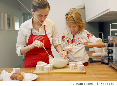 Mother and daughter in the kitchen in traditional Ukrainian costumes making cupcakes for Easter 123745539