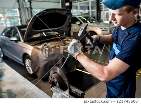Car mechanic repair car brakes at service station. Car repair service 123745600
