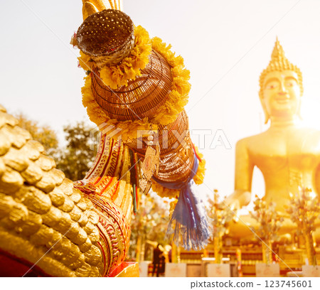 Symbols of Buddhism. South-Eastern Asia. Details of buddhist temple in Thailand. 123745601