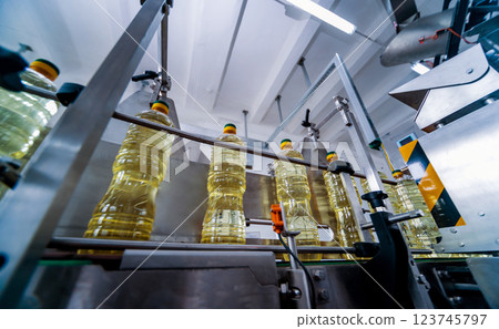 Bottling line of sunflower oil in bottles. Vegetable oil production plant 123745797