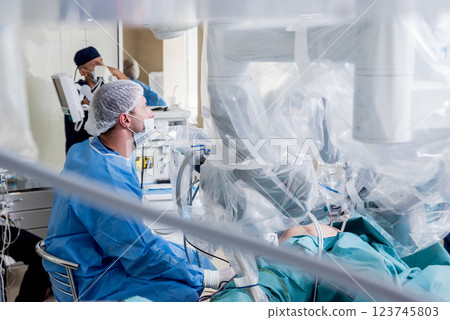 Modern surgical system. Medical robot. Minimally invasive robotic surgery. 123745803