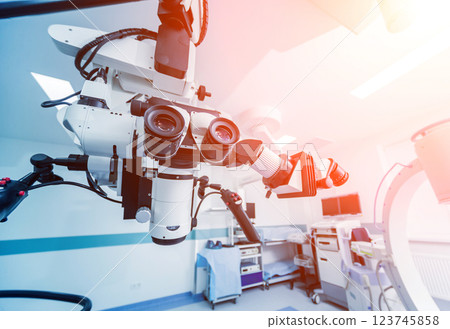 Modern microscope for operations in surgery room at the hospital. 123745858