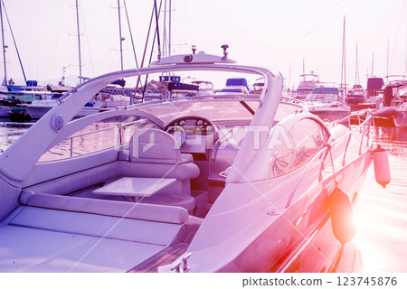 View of harbor with yachts details. Beautiful sunset sky in the marina bay. 123745876