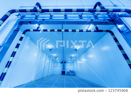 Empty industrial freezer warehouse for vegetable storage. Empty industrial freezer warehouse for vegetable storage. 123745908