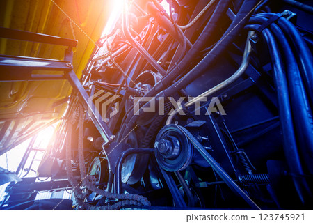 Harvester engine. Gear chains and new modern mechanisms. 123745921