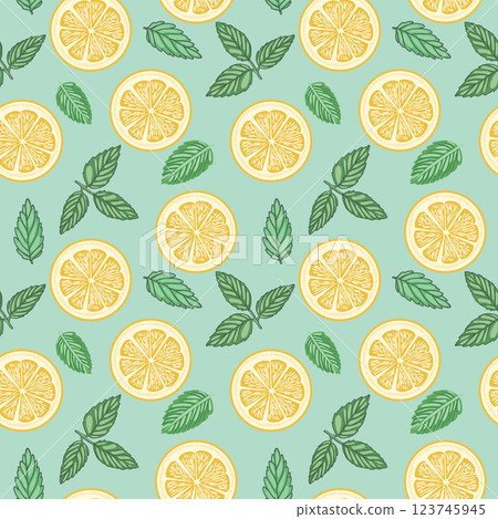 pattern with Tropical fruit slices lemon and mint leaves pattern with Tropical fruit slices lemon and mint leaves 123745945