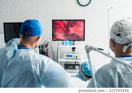 Process of gynecological surgery operation using laparoscopic equipment.  123745956
