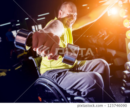 Disabled man training in the gym of rehabilitation center 123746090