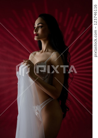 Beautiful bride in elegant lingerie with flowing fabric against red backdrop Beautiful bride in elegant lingerie with flowing fabric against red backdrop 123746116
