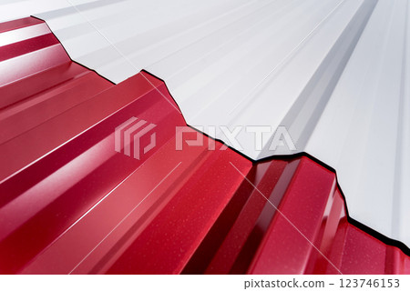 Red and white metallic roof tiles background with drops of water. Red and white metallic roof tiles background with drops of water. 123746153
