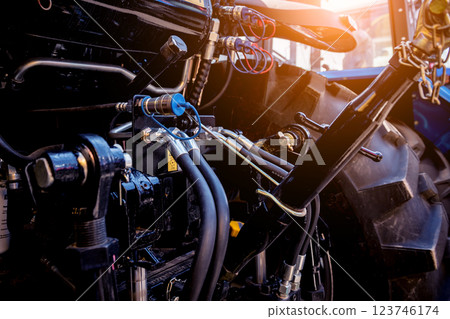 Rear view of modern agricultural tractor. Industrial details. 123746174