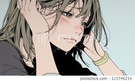 Regretful Woman: A distressed woman sits alone and expresses regret and frustration. 123746214