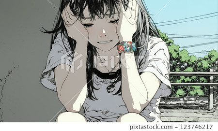 後悔的女人：一個苦惱的女人獨自坐著，表達著後悔和沮喪。 123746217