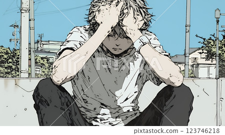 後悔的男人:一個苦惱的男人獨自坐著表達遺憾和沮喪。 後悔的男人:一個苦惱的男人獨自坐著表達遺憾和沮喪。 123746218