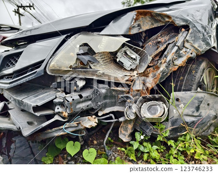 Abandoned cars after accidents in a dense overgrown setting Abandoned cars after accidents in a dense overgrown setting 123746233
