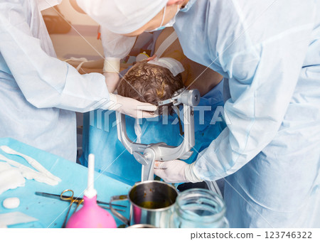 Brain surgery. Group of surgeons in operating room with surgery equipment. Brain surgery. Group of surgeons in operating room with surgery equipment. 123746322